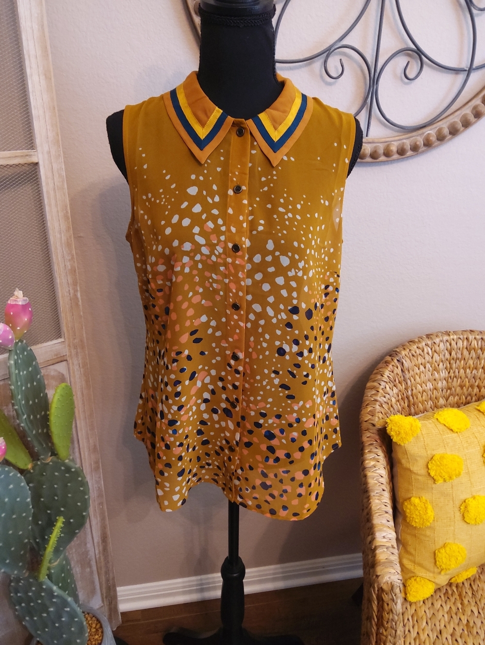 CAbi Mustard Sleeveless Button-Front Top with Striped Collar